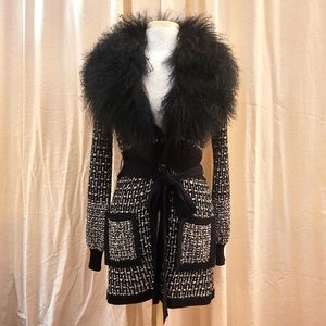 NANETTE LEPORE BLACK WOOL MONGOLIAN FUR RIESLING SWEATER COAT JACKET SMALL